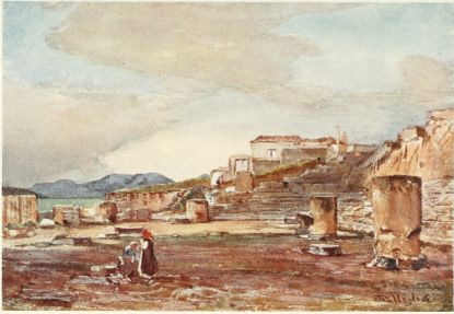 THE HALL OF THE GREAT TEMPLE OF THE MYSTERIES, ELEUSIS  In the distance is the island of Salamis, looking on the Bay of Eleusis. In the foreground are remains of shafts of columns which supported an upper story over the Great Hall.